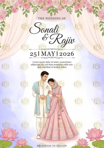 Traditional Wedding Invitation Card Displaying A Couple In Cultural Attire, Surrounded By Decorative Floral Elements
